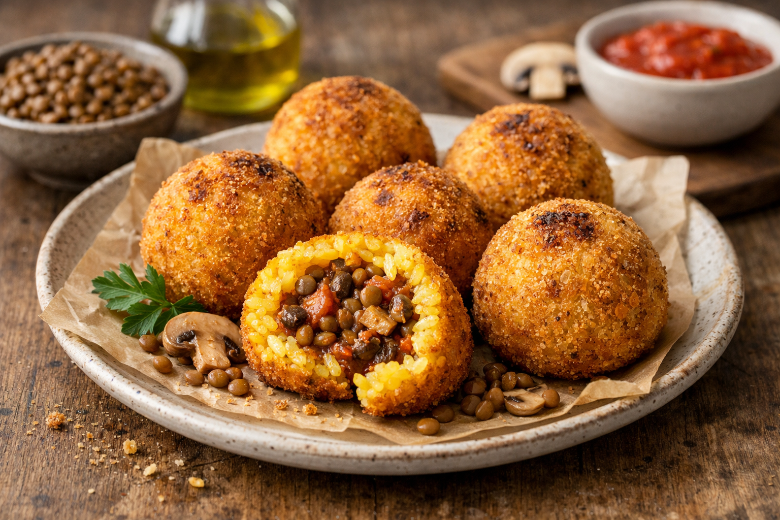 Arancini di riso ripieni di ragù di lenticchie e funghi