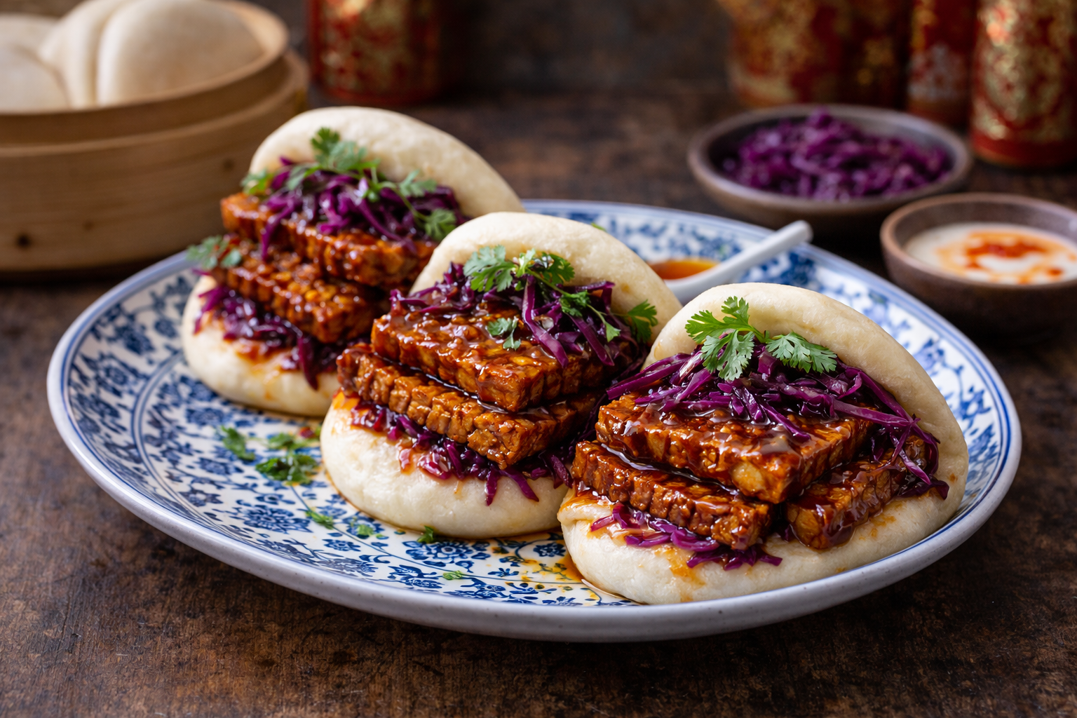 Bao buns con tempeh glassato e cavolo marinato