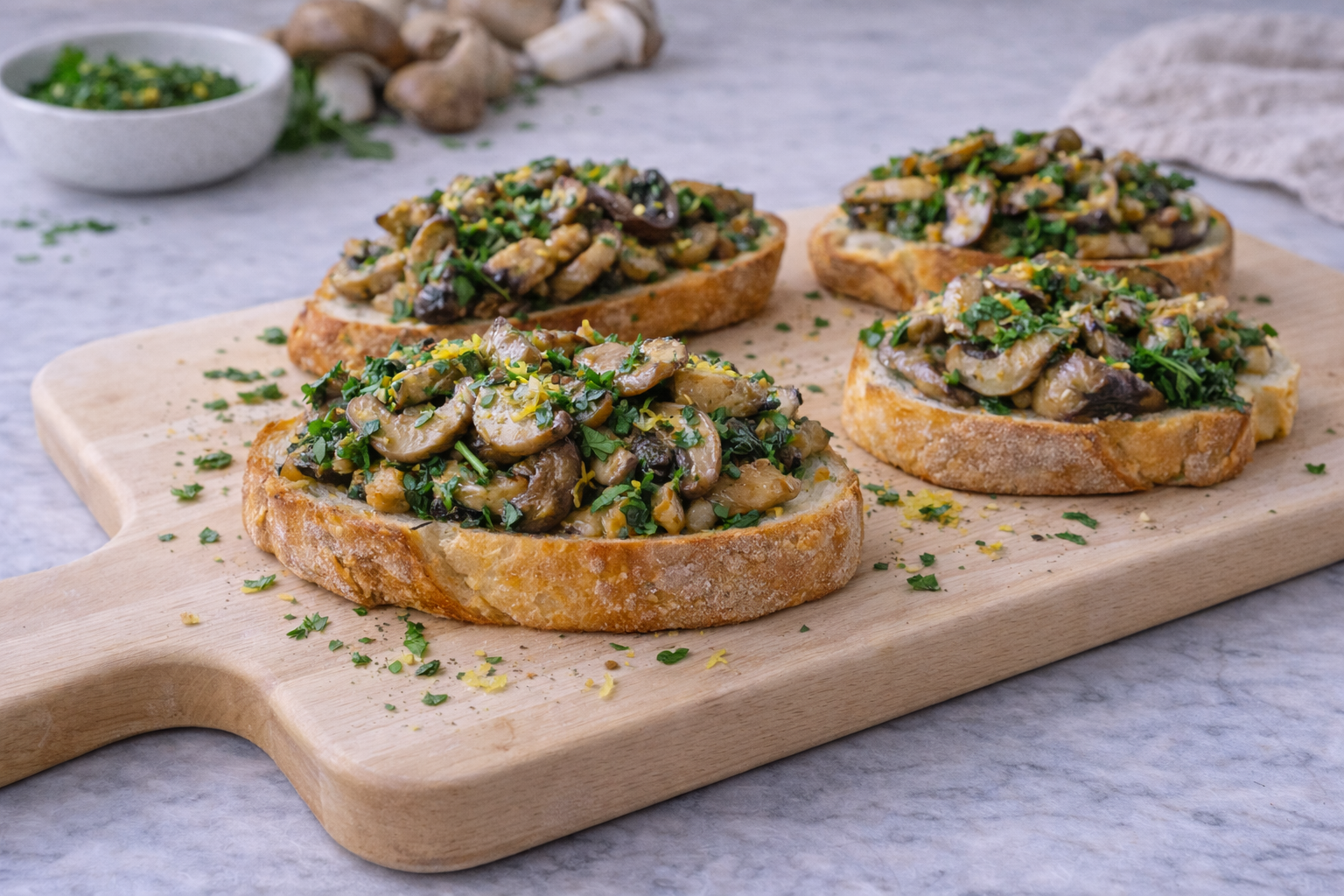 Bruschette con funghi trifolati e prezzemolo
