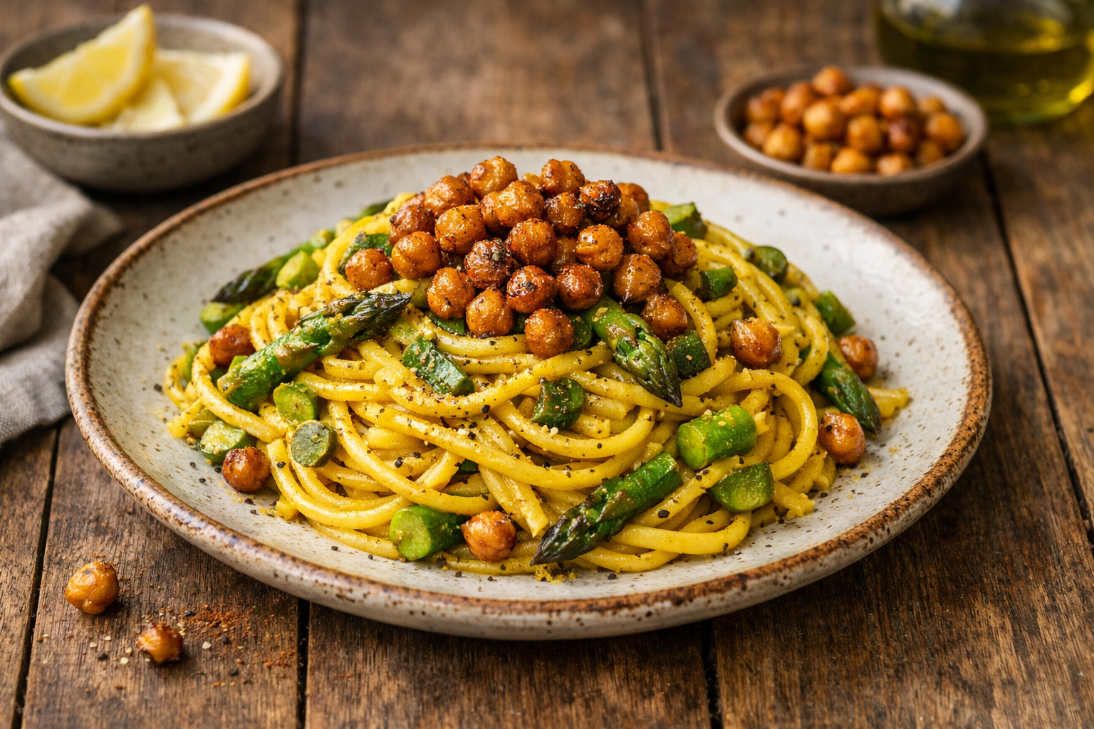 Carbonara di asparagi e curcuma con croccante di ceci