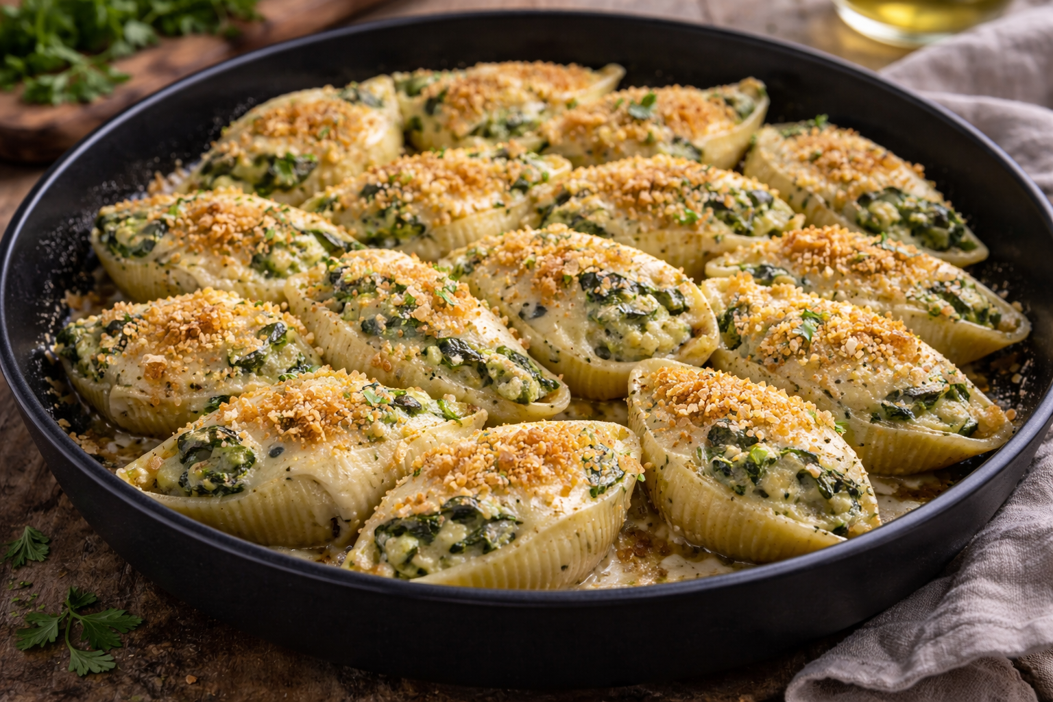 Conchiglioni ripieni di crema di ceci e spinaci gratinati