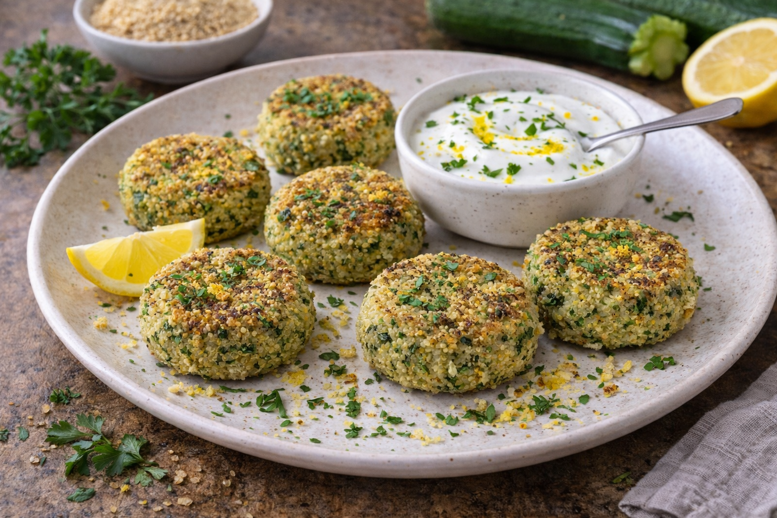 Crocchette di quinoa e zucchine con salsa di yogurt e limone