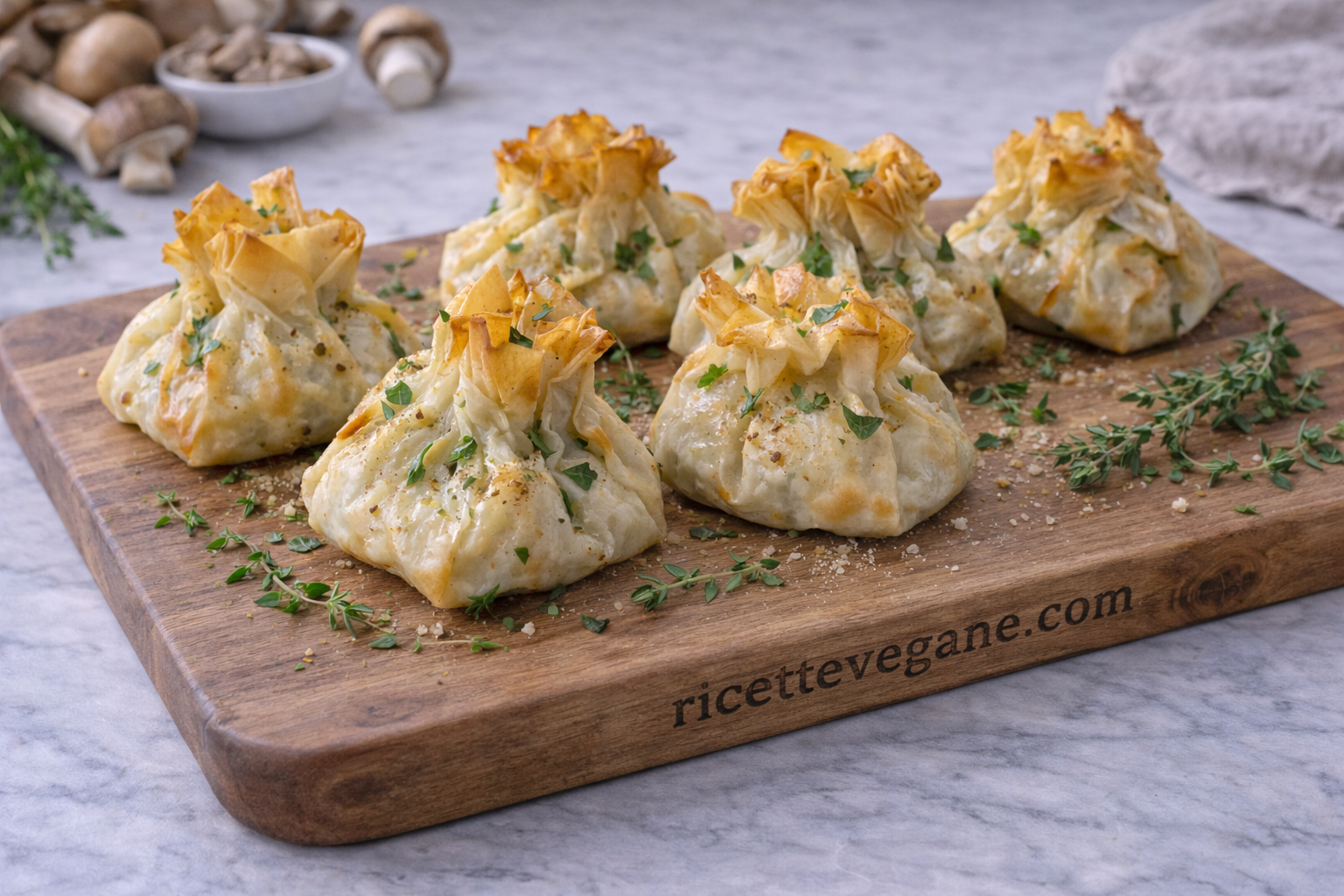 Fagottini di pasta fillo con funghi e timo
