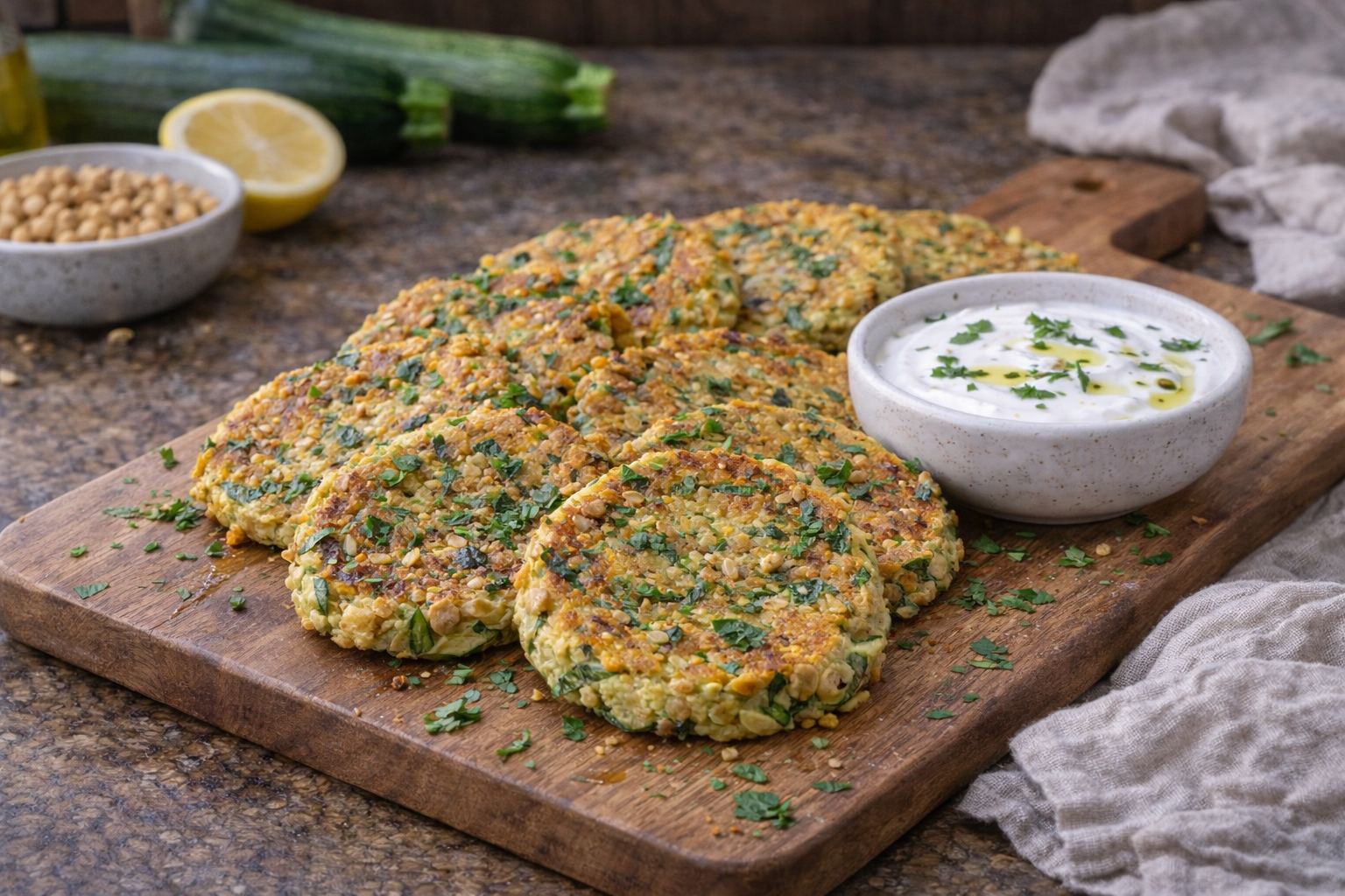 Frittelle di ceci e zucchine con salsa allo yogurt di cocco