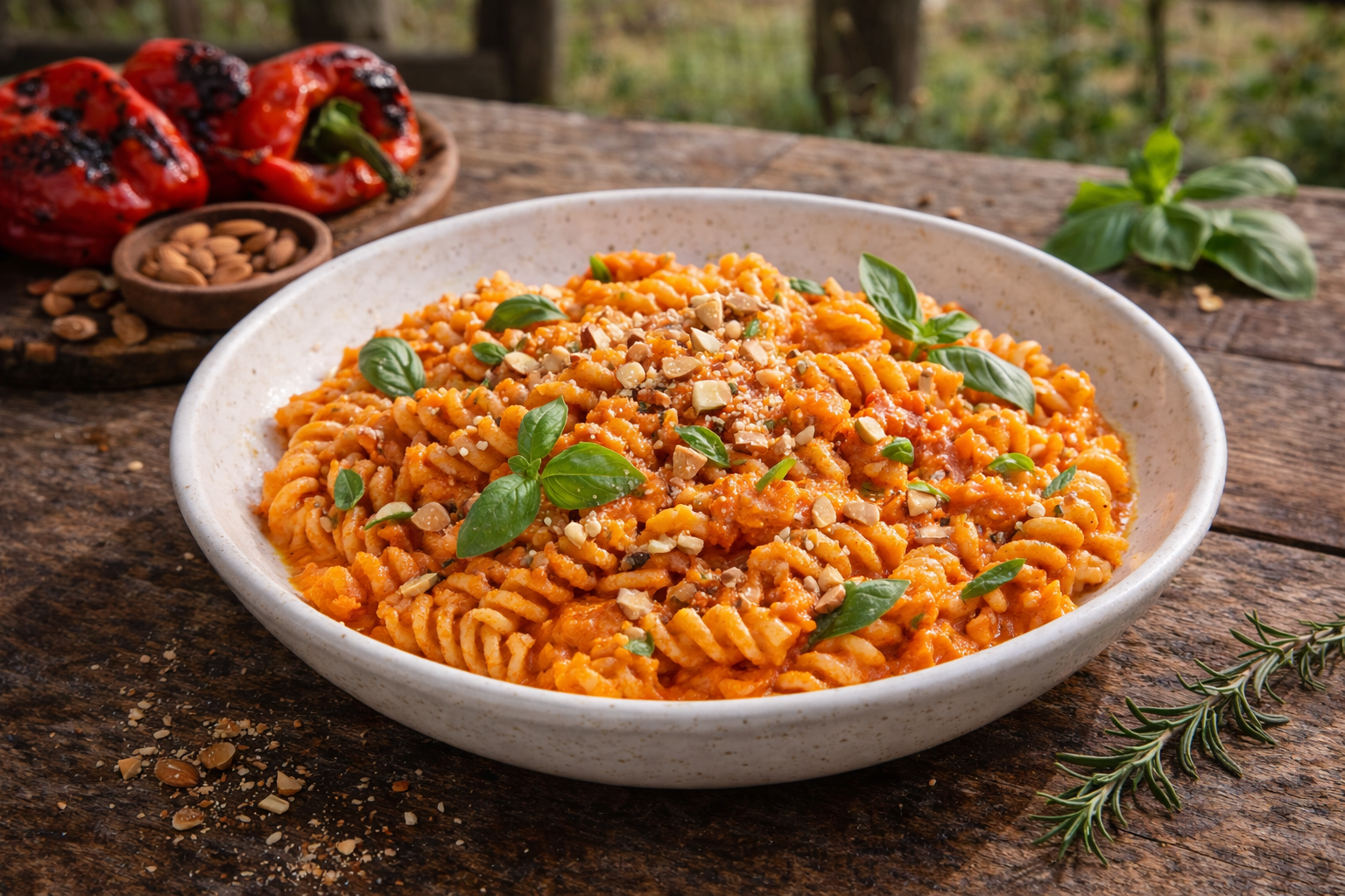 Fusilli integrali con crema di peperoni e mandorle