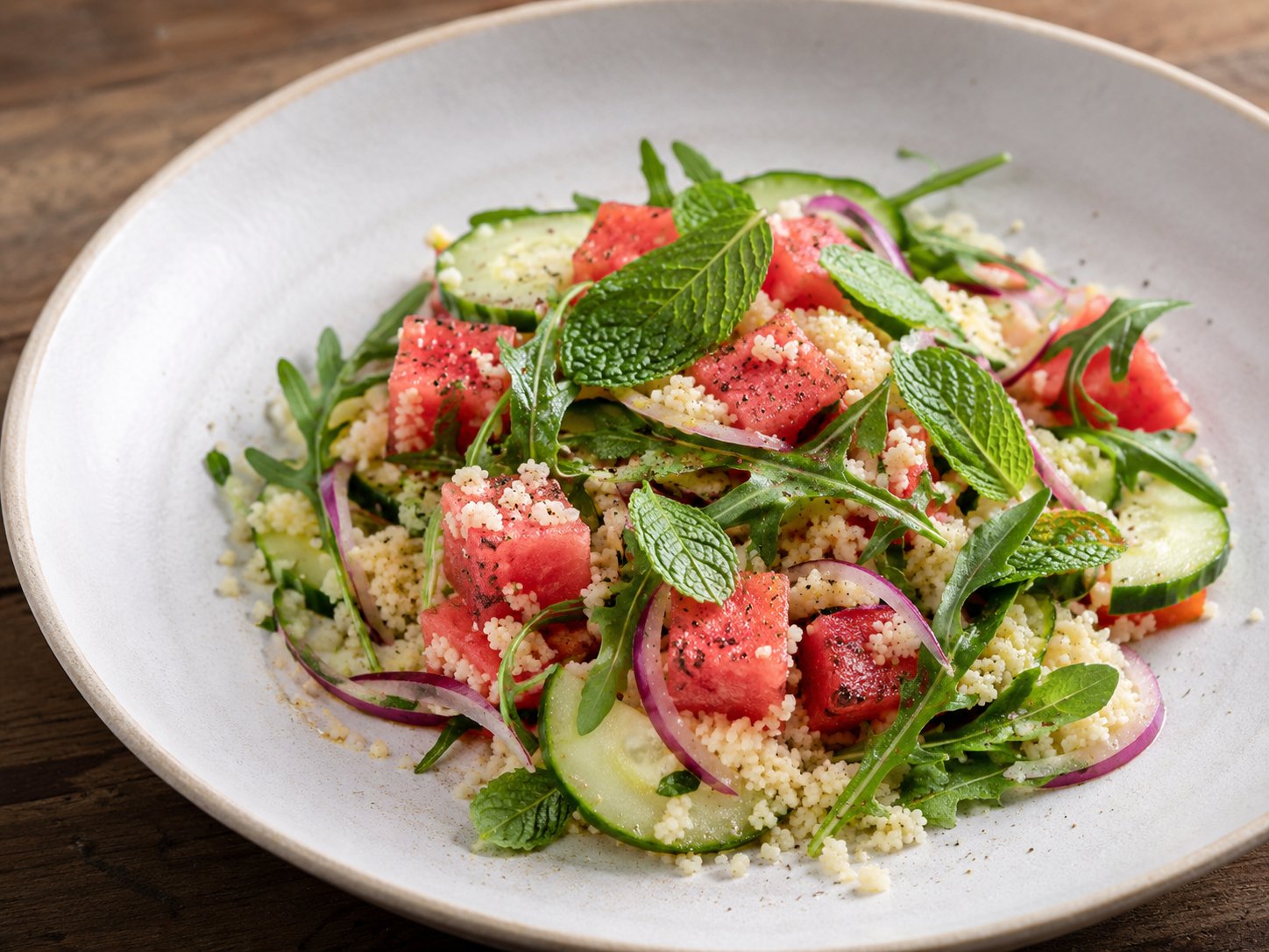 Insalata di anguria, cetriolo e couscous alla menta