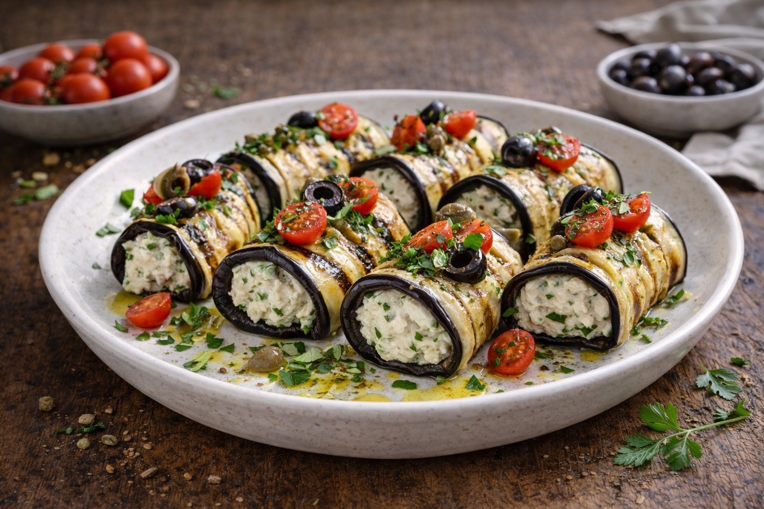 Involtini di melanzane grigliate con crema di tofu e erbe aromatiche