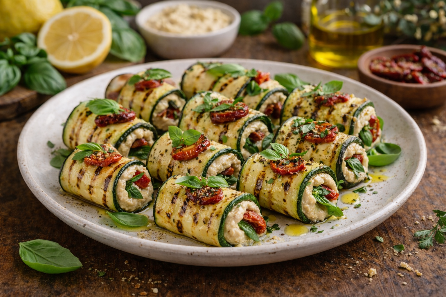 Involtini di zucchine grigliate con hummus e pomodorini secchi