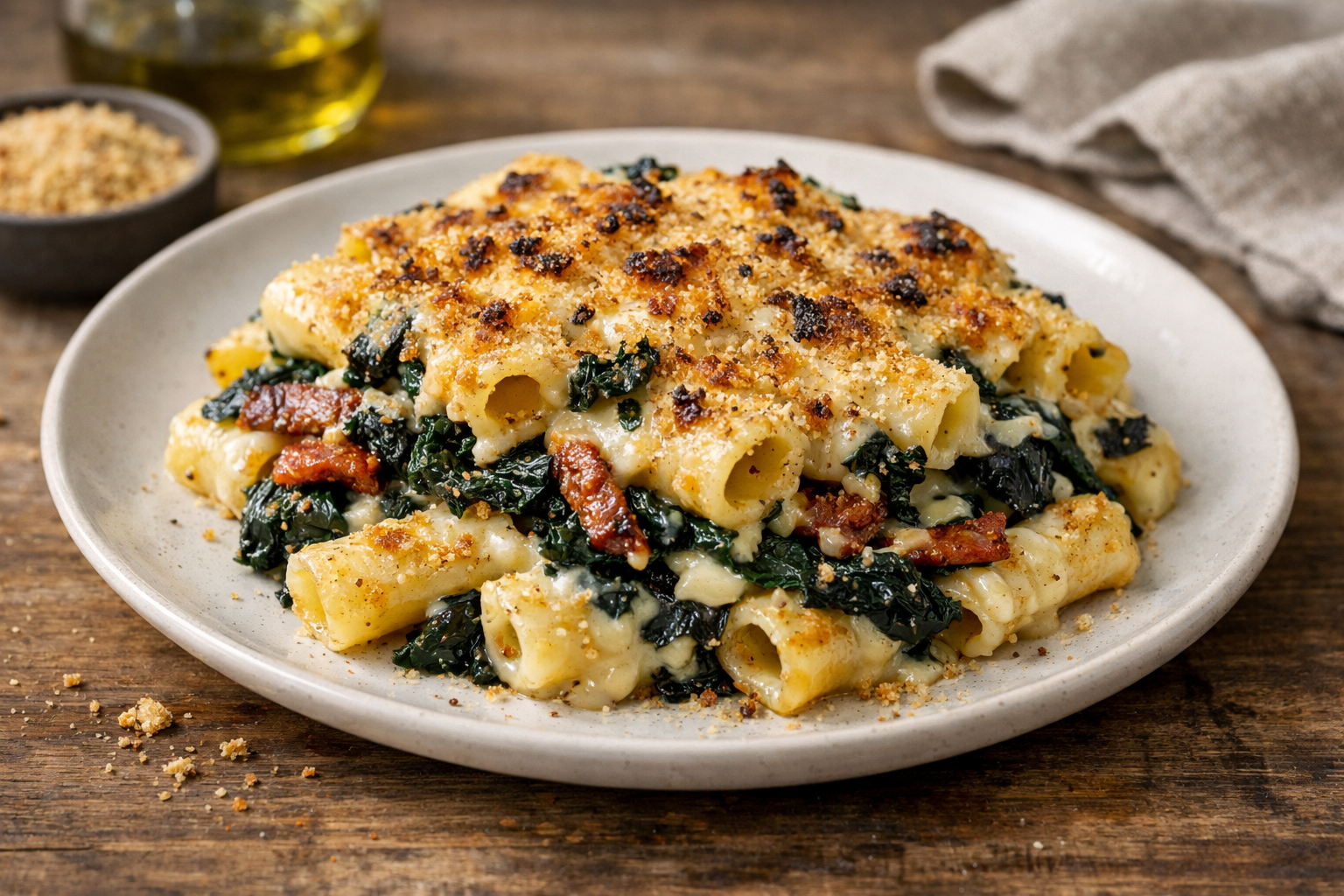 Pasta al forno con cavolo nero e pancetta vegana