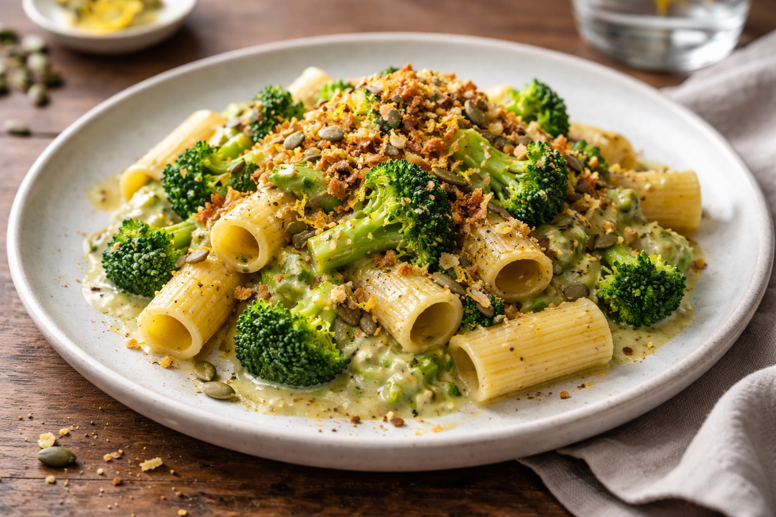 Pasta corta con broccoli, crema di porro e crumble croccante