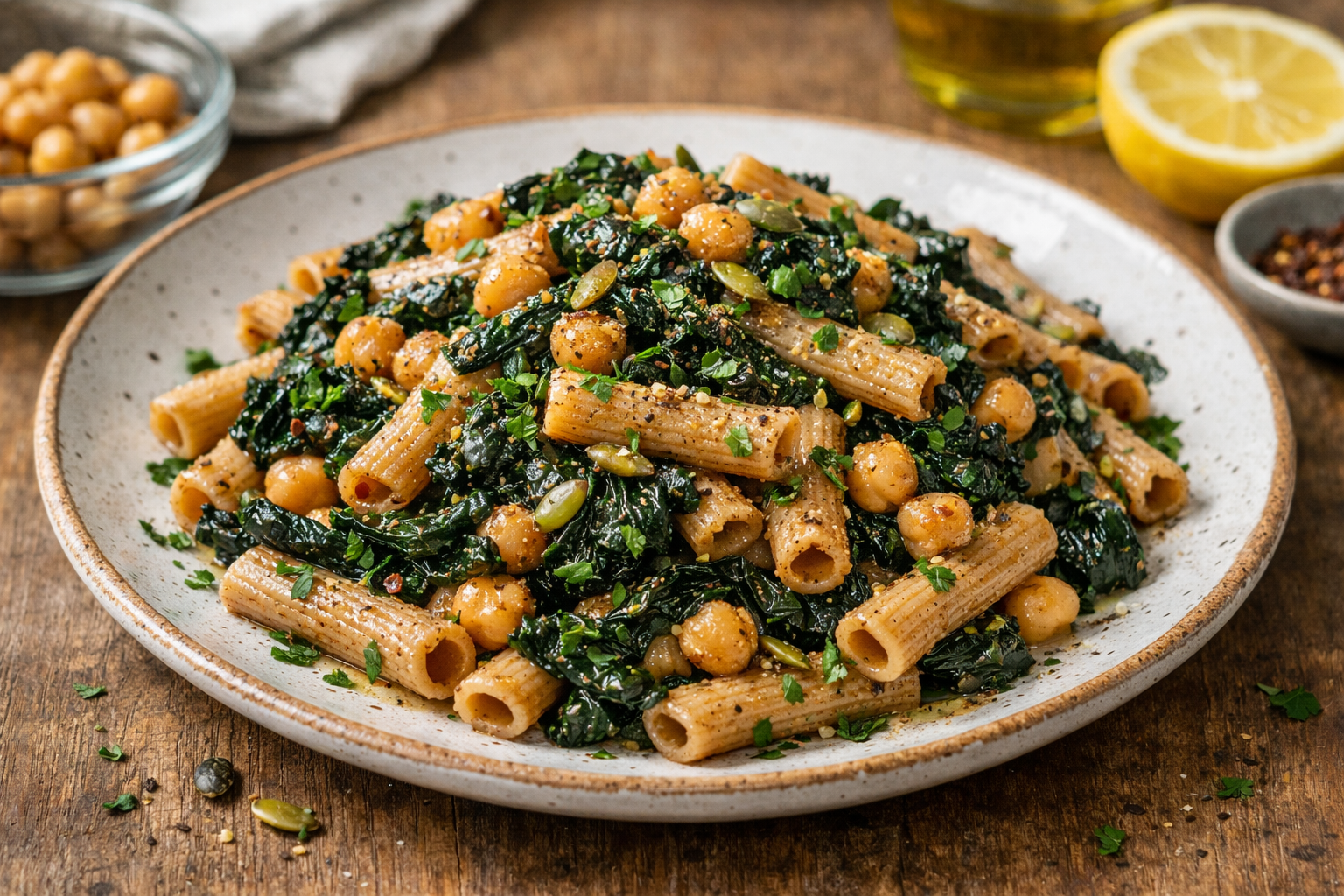 Pasta integrale al cavolo nero e ceci, proteica e saporita