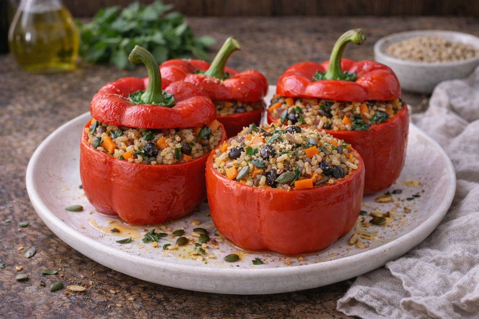 Peperoni ripieni di riso integrale e verdure