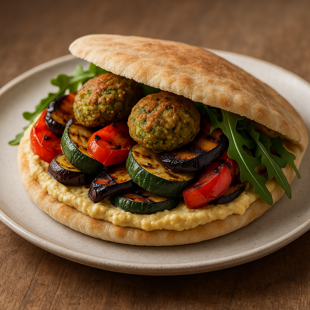 Pita ripiena con hummus, verdure grigliate e falafel al forno