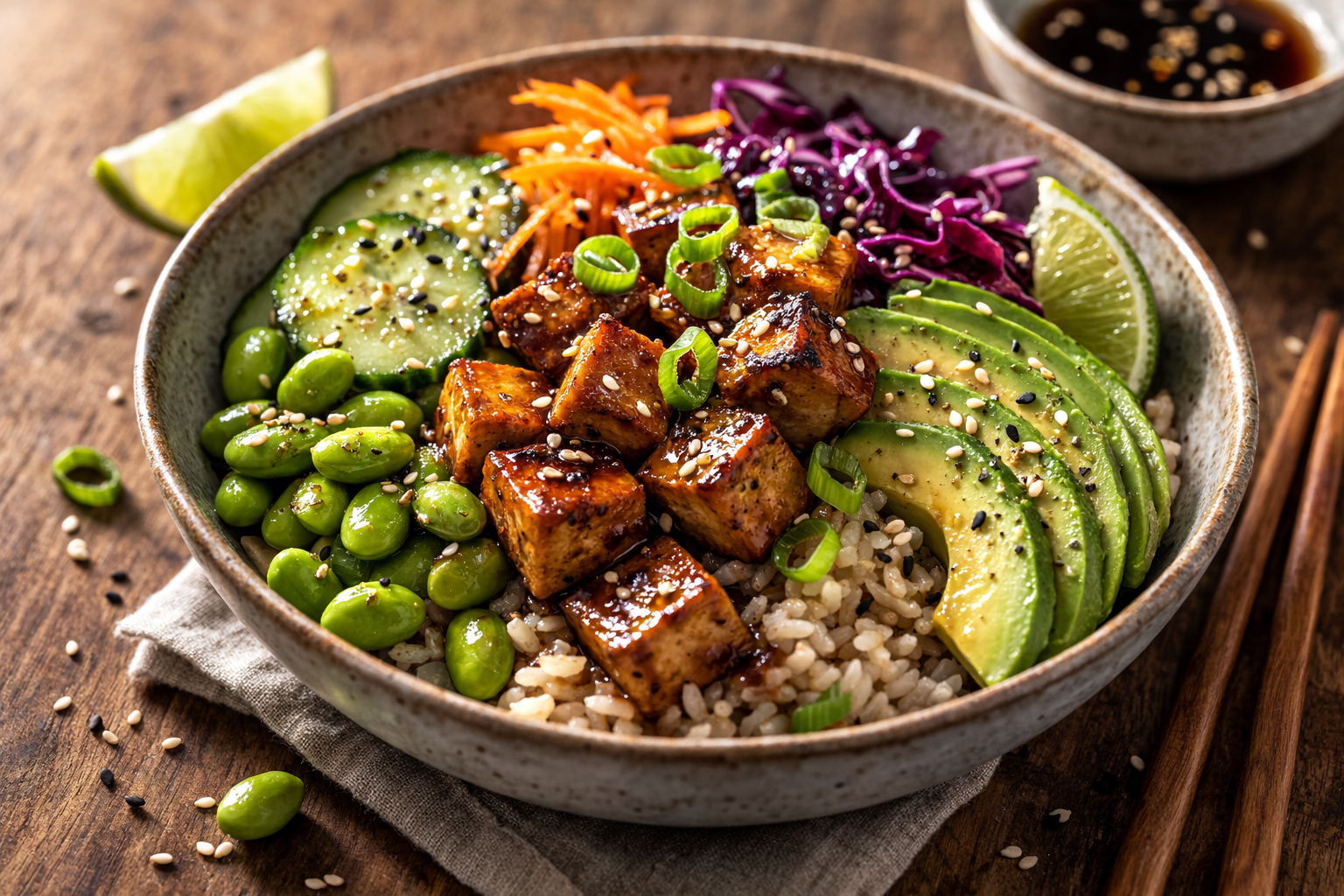 Poke bowl di riso integrale con tofu marinato, avocado e edamame