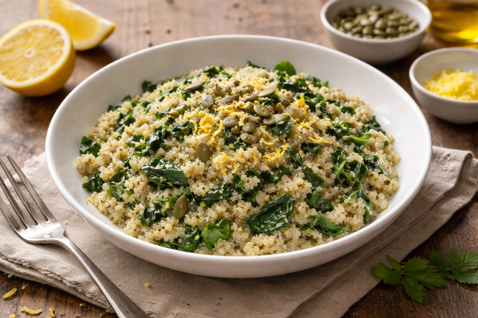 Quinoa cremosa con erbette e limone