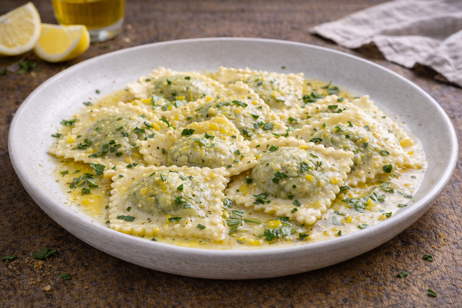 Ravioli ripieni di crema di piselli e menta con salsa al limone