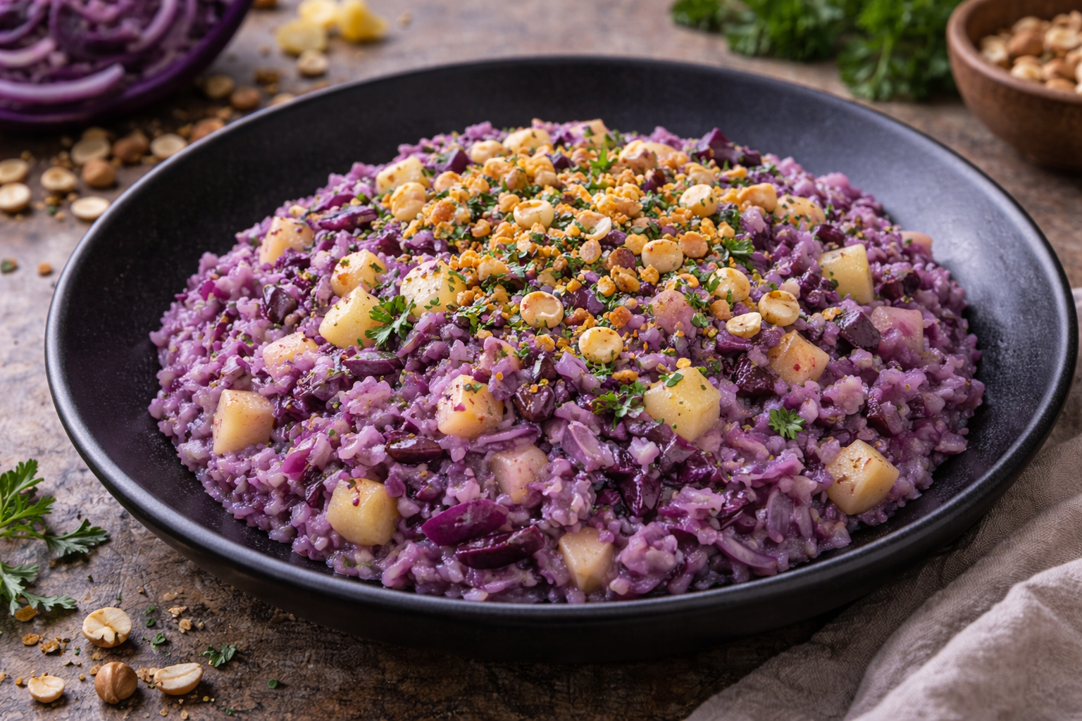 Risotto al cavolo rosso e mele con nocciole tostate