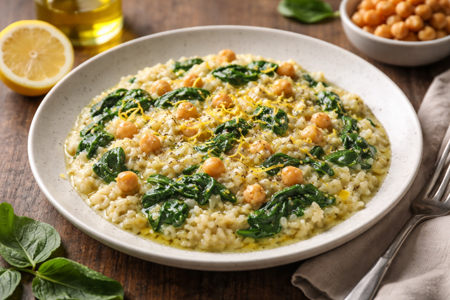 Risotto cremoso di ceci e spinaci al limone