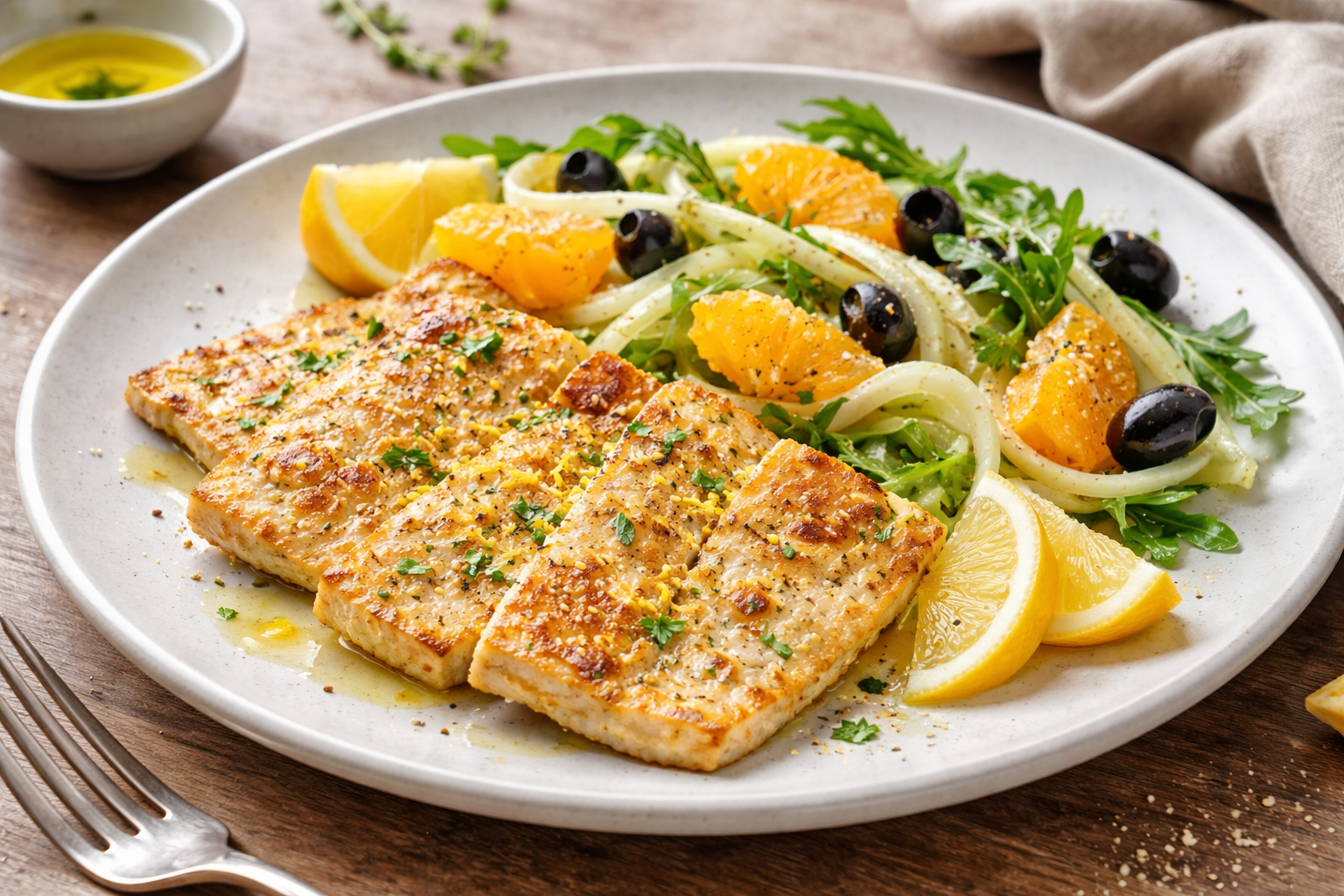 Scaloppine di tofu al limone con insalata di finocchi e arancia