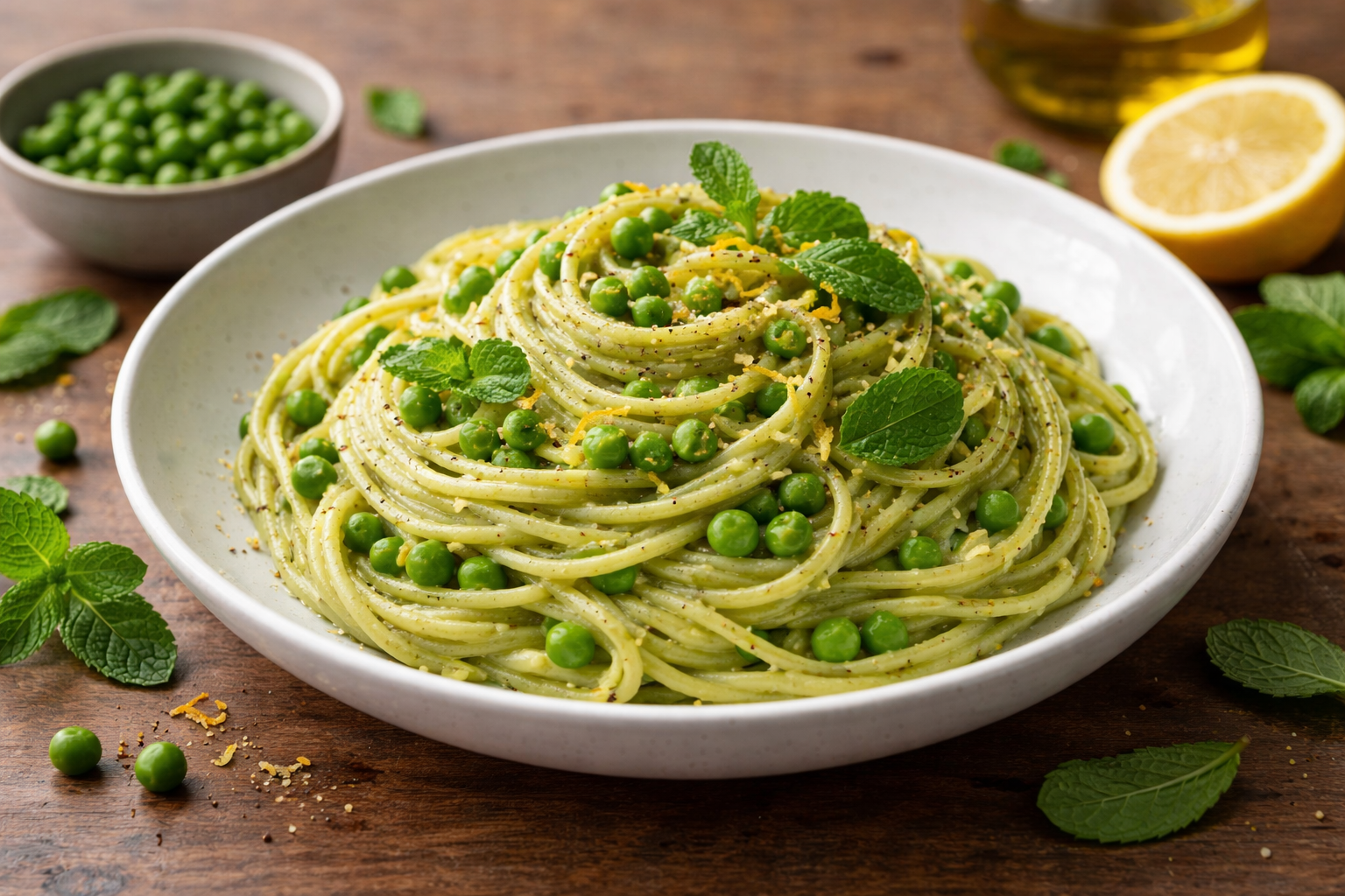 Spaghetti con crema di piselli e menta
