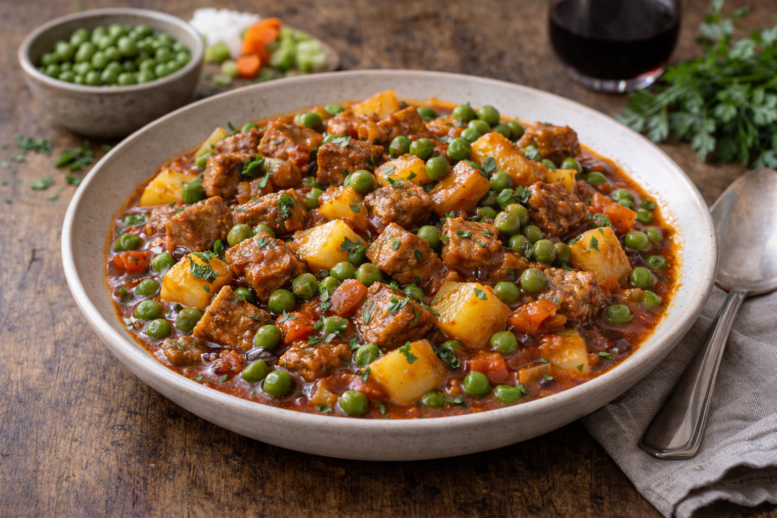 Spezzatino di seitan con patate e piselli