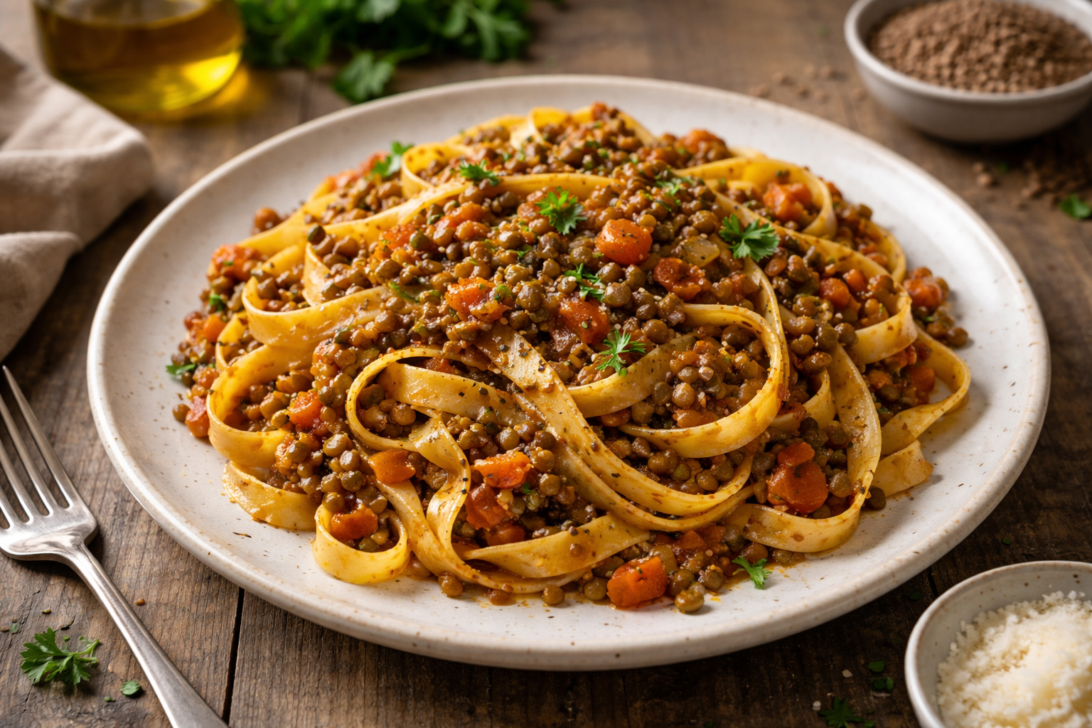 Tagliatelle fatte in casa con ragù di lenticchie e salsa di pomodoro