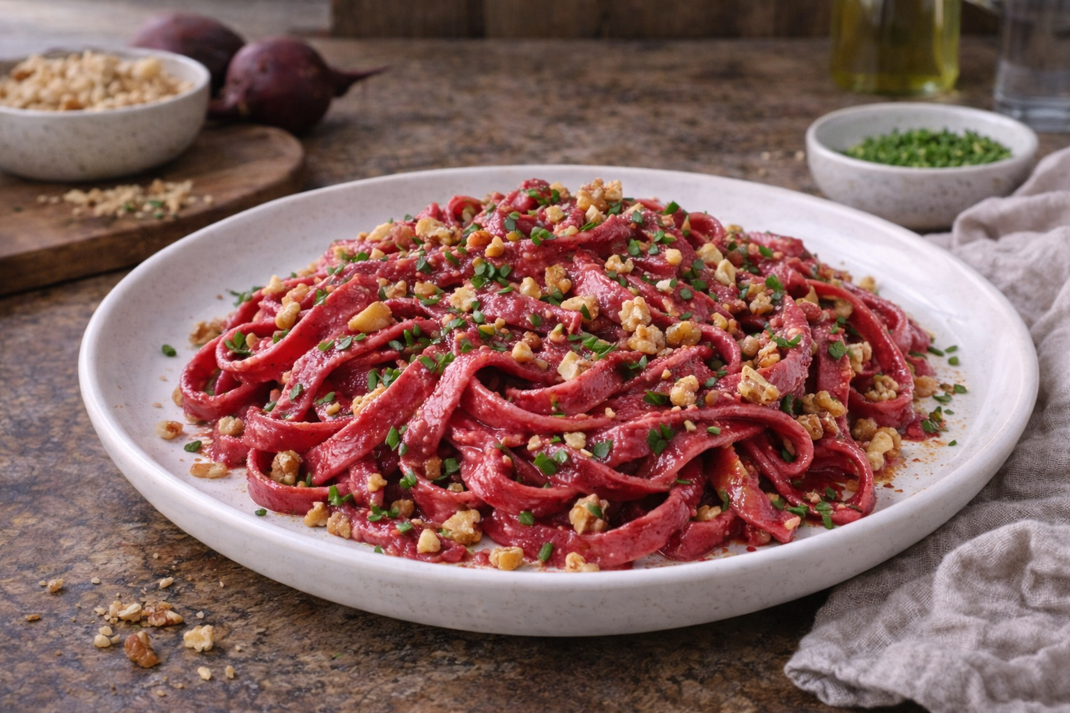 Tagliatelle fresche con crema di barbabietola e granella di noci