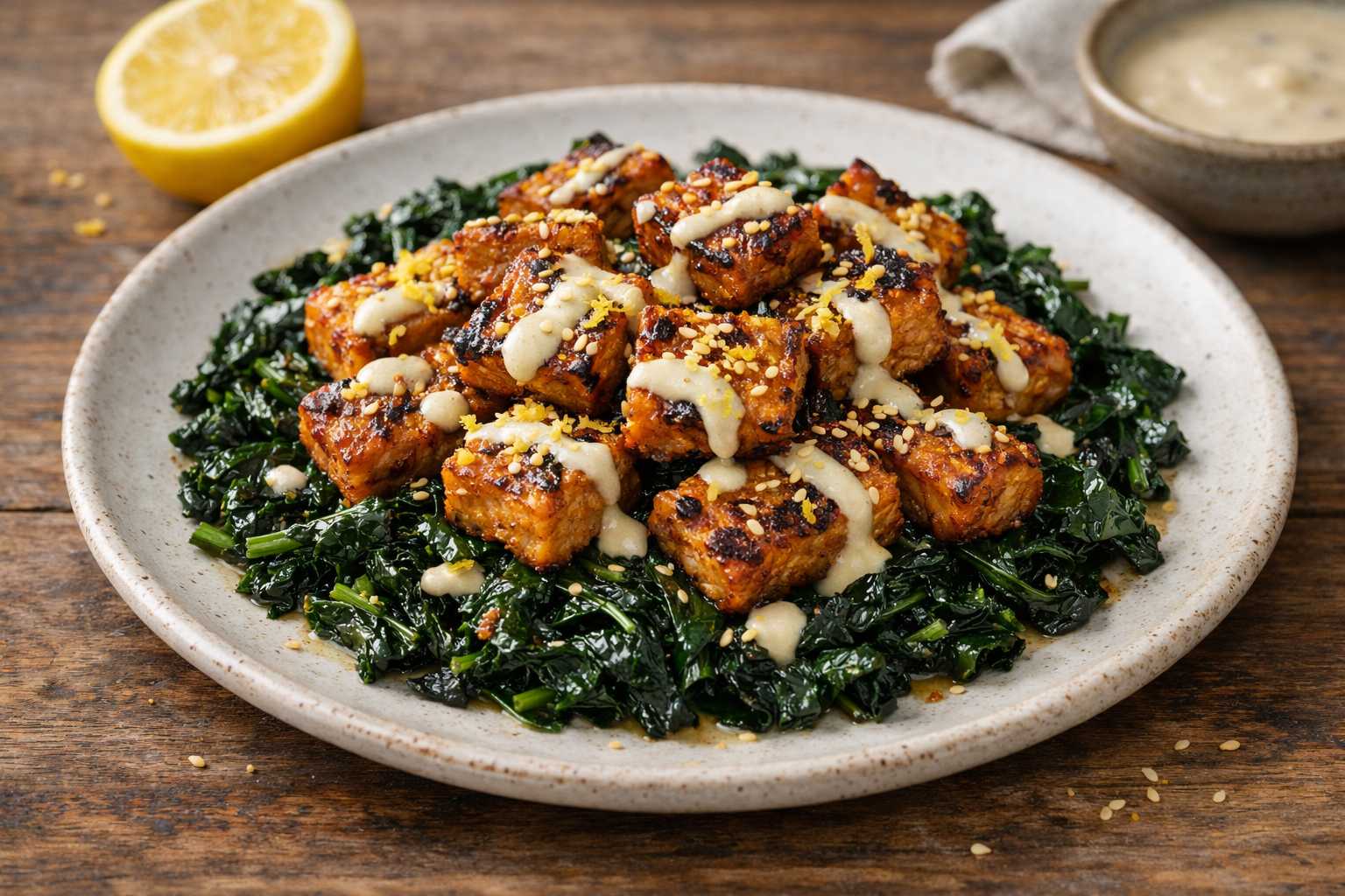 Tempeh croccante al forno con cavolo nero saltato e dressing al limone