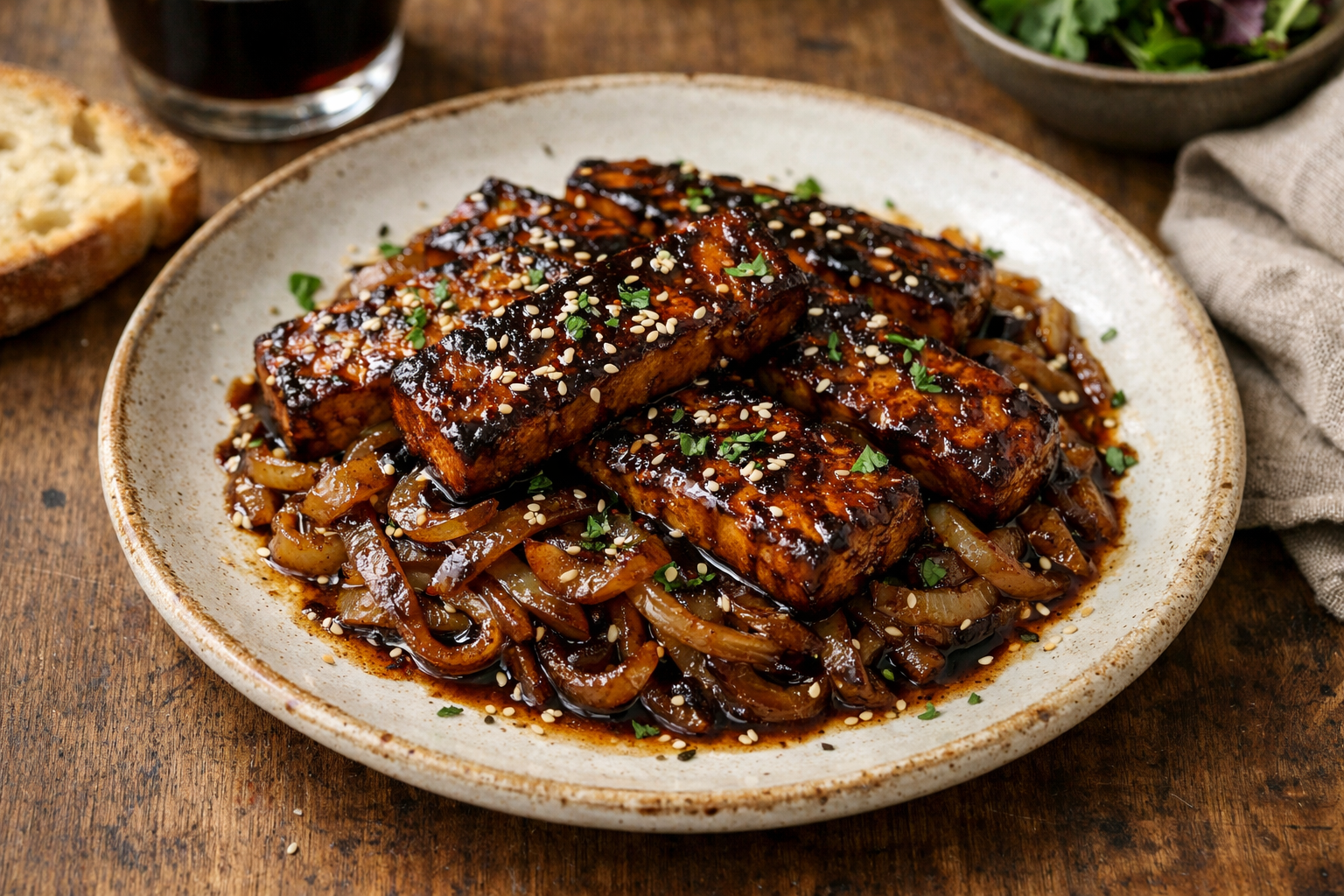 Tempeh glassato alla birra con cipolle caramellate