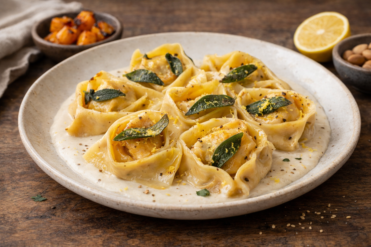 Tortelloni ripieni di crema di zucca e salvia con salsa di mandorle