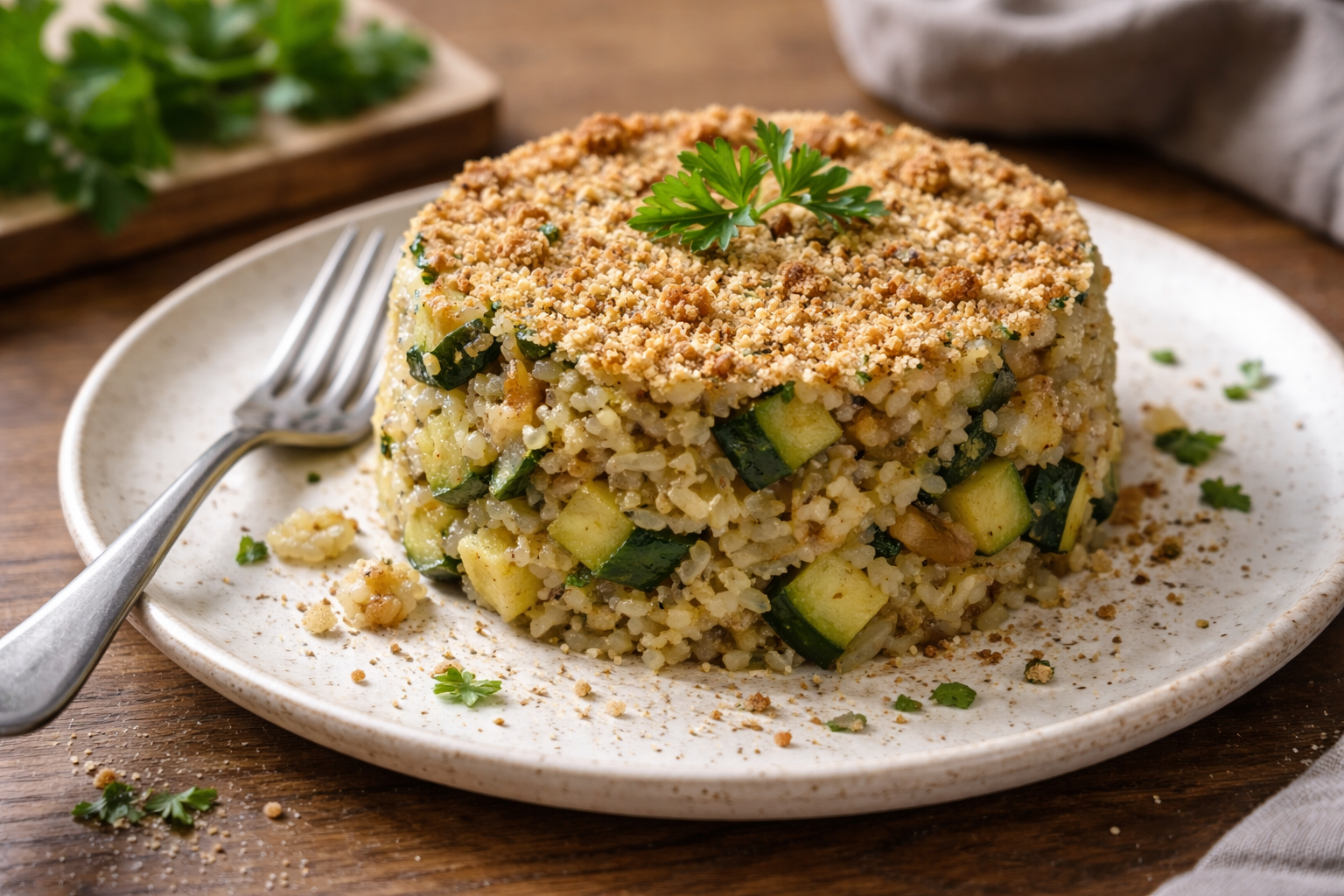 Tortino di riso e verdure con zucchine e cipolla
